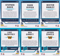 Washington Commanders 2024 Donruss Factory Sealed Team Set Featuring Rated Rookie Cards of Jayden Daniels #389, Luke McCaffrey and Ben Sinnott Plus Terry McLaurin and Others