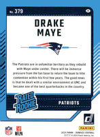 Drake Maye 2024 Donruss Rated Rookie Mint Rookie Card #379 Picturing him in his Blue New England Patriots Jersey