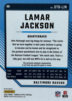 Lamar Jackson 2024 Panini Donruss OPTIC Threads Series Mint Insert Card #DTB-LJN Featuring an Authentic Purple Jersey Swatch