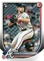Atlanta Braves 2025 Bowman Complete Mint 12 Card Team Set made by Topps with Stars Austin Riley, Matt Olson, Chris Sales and Ronald Acuna Jr., Plus Spencer Schwellenbach Rookie and 5 Top Prospect Cards