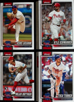 Philadelphia Phillies 2026 Topps Complete Mint 22 Card Team Set featuring Bryce Harper and Kyle Schwarber with Rookie Cards of Otto Kemp, Alan Rangel and Nolan Hoffman Plus