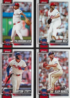 Philadelphia Phillies 2026 Topps Complete Mint 22 Card Team Set featuring Bryce Harper and Kyle Schwarber with Rookie Cards of Otto Kemp, Alan Rangel and Nolan Hoffman Plus