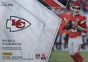 Patrick Mahomes 2022 Panini LIMITED Stadium Star Swatches Series Mint Insert Card #SSS-PM Featuring an Authentic White Jersey Swatch #98/99 Made