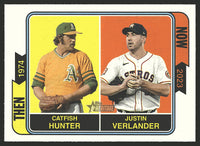 Catfish Hunter and Justin Verlander 2023 Topps Heritage Then and Now Series Mint Card #TAN-14
