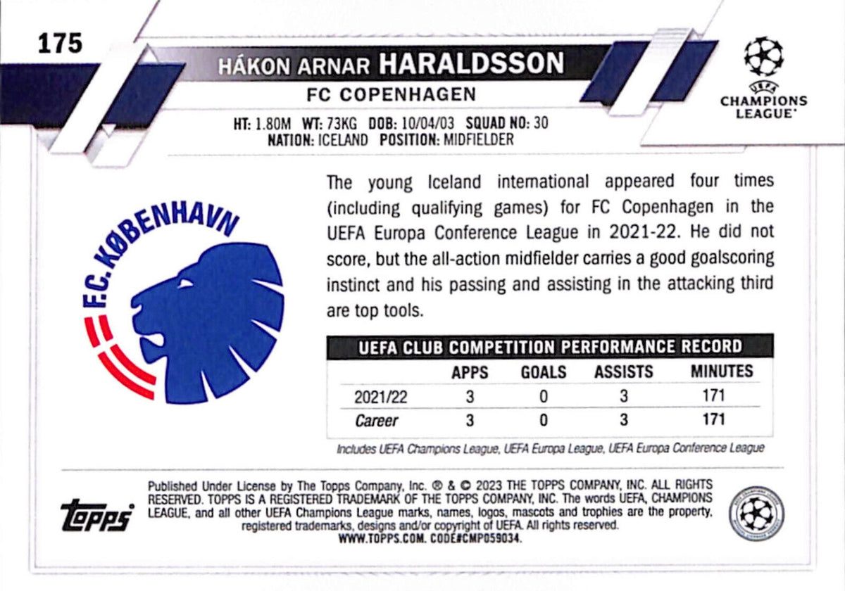 Hakon Arnar Haraldsson 2022 2023 Topps UEFA Series Mint Rookie Card #175