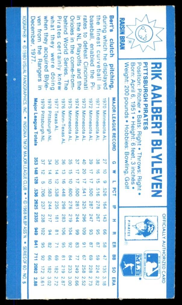 Bert Blyleven 1980 Kellogg's Cereal 3D Mint Card #5