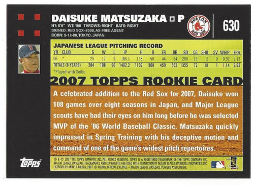  2007 Topps Daisuke Matsuzaka Rookie Baseball Rookie