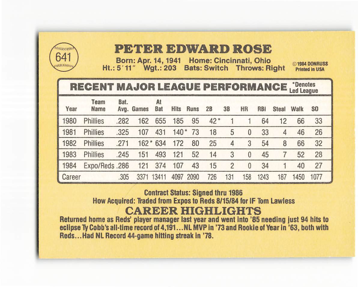 PETE ROSE 1985 donruss baseball card