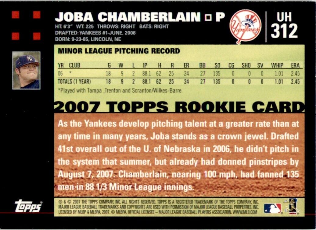 Joba Chamberlain Baseball Rookie Card