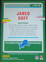 Jared Goff 2023 Panini Donruss Threads Series Mint Insert Card #DTH-JG Featuring an Authentic Blue Jersey Swatch