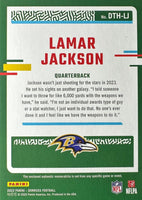 Lamar Jackson 2023 Panini Donruss Threads Series Mint Insert Card #DTH-LJ Featuring an Authentic Purple Jersey Swatch