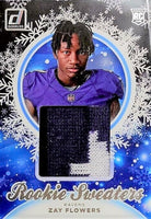 Zay Flowers 2023 Panini Donruss ROOKIE SWEATERS PATCH Series Mint Rookie Insert Card #HS-ZFL Featuring a Black, White and Purple Jersey Swatch