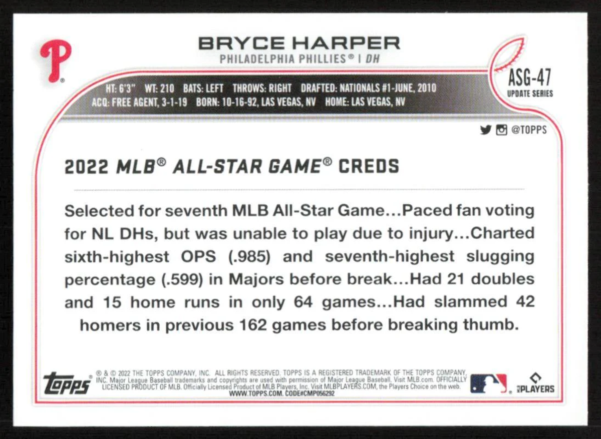 Bryce Harper 2022 Topps Update All Star Game Series Mint Card ASG47