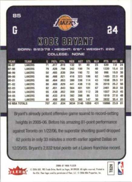 Kobe Bryant 2006 2007 Fleer Basketball Series Mint Card #85