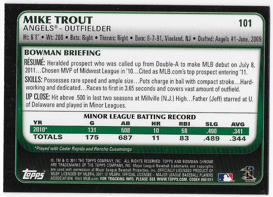 Mike Trout 2011 Bowman Draft Series Near Mint Rookie Card #101