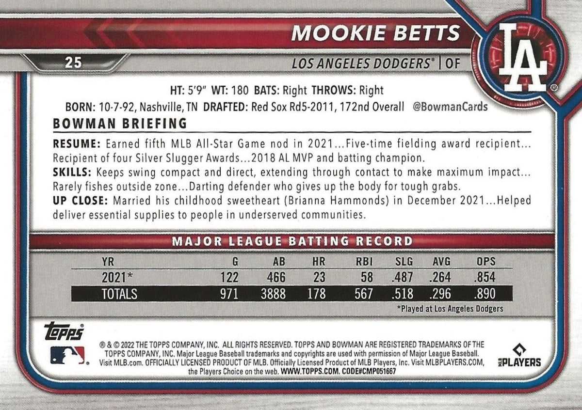 2022 Topps Update Series Mookie Betts All- Star Stitches White Jersey  #21/25