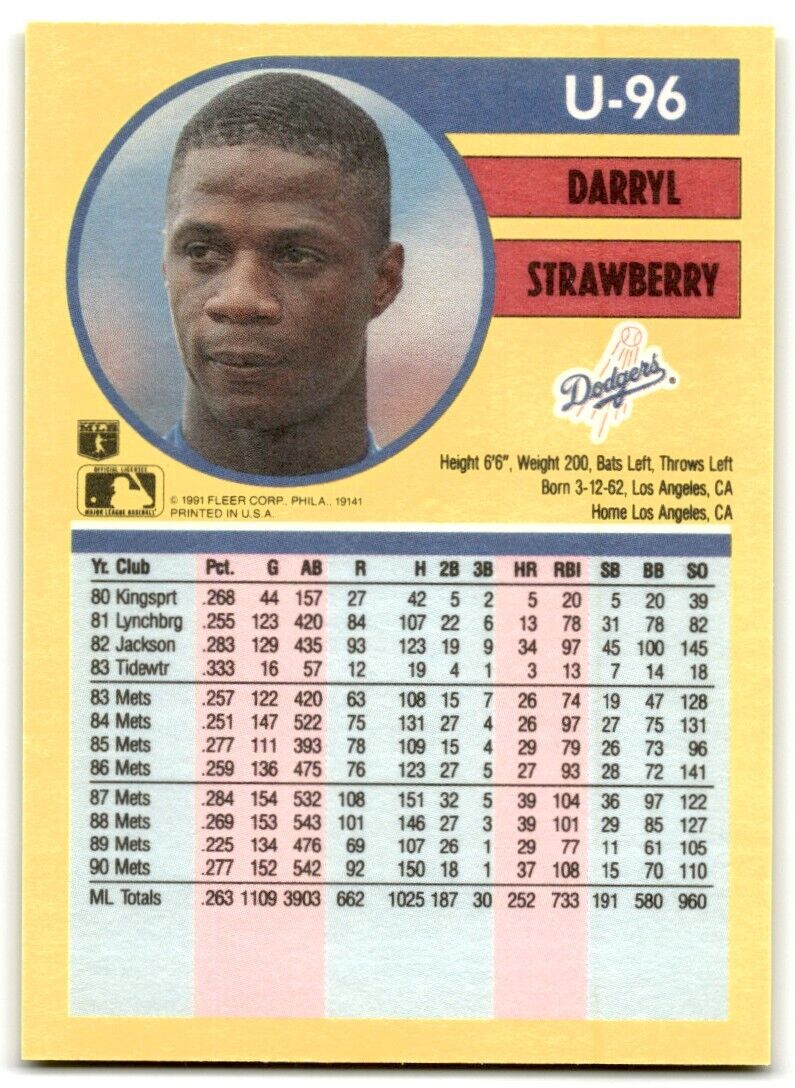 Darryl Strawberry 1991 Fleer Update Series Mint Card U96 The