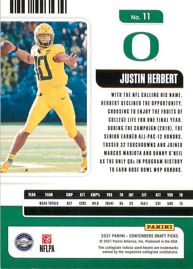 Justin Herbert 2021 Panini Contenders Draft Picks Season Ticket