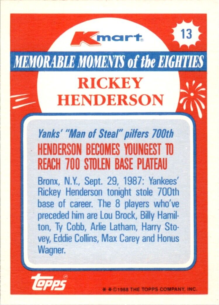 Rickey Henderson New York Yankees Baseball Card Kmart