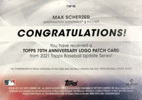 Max Scherzer 2021 Topps 70th Commemorative Logo Patches Series Mint Card #70LP-MS