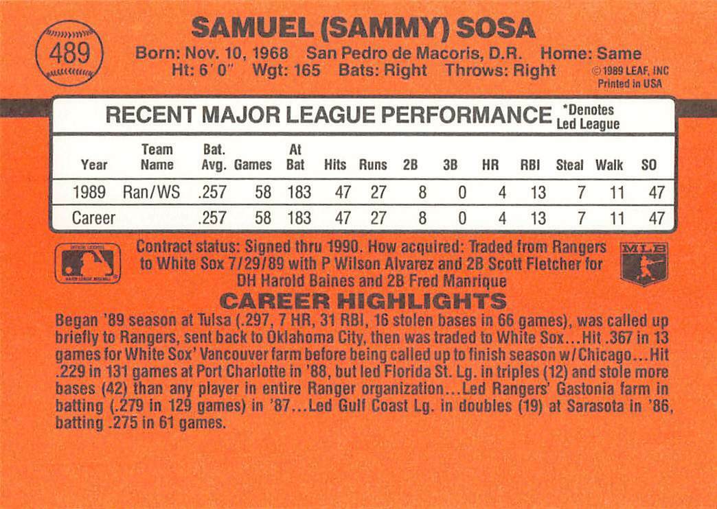 Sammy Sosa 1990 Donruss Rookie Baseball Card #489