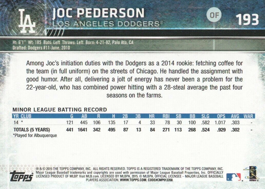 Joc Pederson 2015 Topps Rookie Card