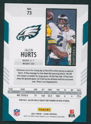 Jalen Hurts 2021 Panini Score Series Mint 2nd Year Card #73