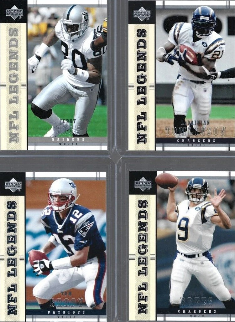2004 Upper Deck LEGENDS Football Series Complete Mint Basic 90 Card Veteran Players Set Loaded with Stars and Hall of Famers including Tom Brady, Brett Favre and Peyton Manning Plus