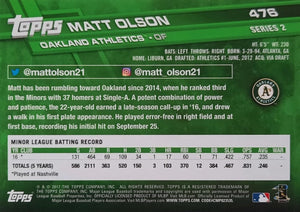 Oakland Athletics 2017 Topps Complete Series One and Two Regular Issue 27 card team set with Atlanta Braves Star Matt Olson Rookie Card #476 Plus