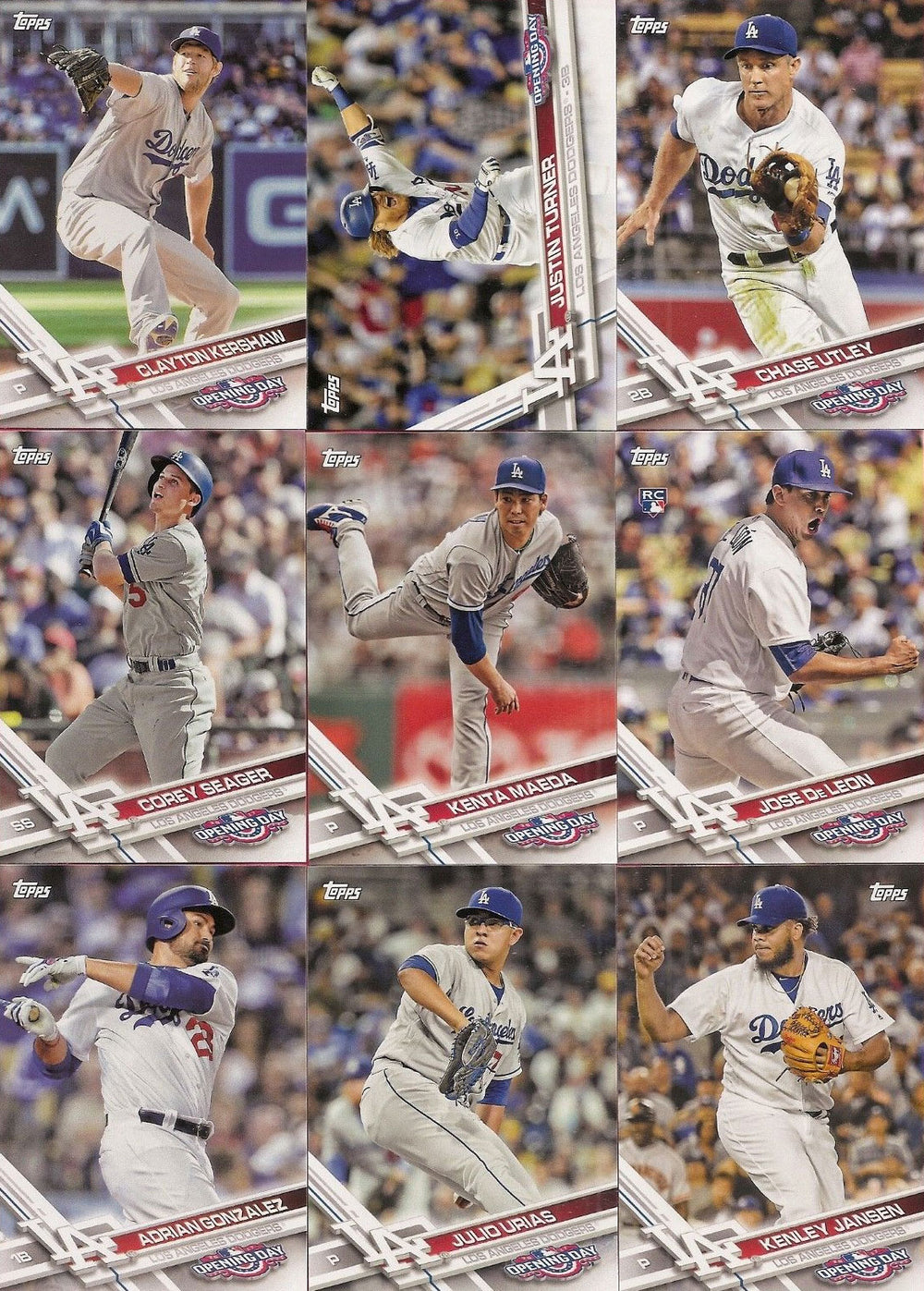 Los Angeles Dodgers 2017 Topps OPENING DAY Complete 9 Card Team Set with Clayton Kershaw+