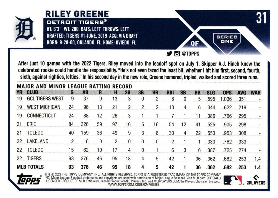 Detroit Tigers: Riley Greene 2023 - Officially Licensed MLB