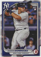 New York Yankees 2024 Bowman 17 Card Team Set made by Topps Featuring Aaron Judge, Juan Soto and Gerrit Cole PLUS Jasson Dominguez Rookie Card and 10 Prospect Cards
