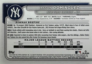 New York Yankees 2024 Bowman 17 Card Team Set made by Topps Featuring Aaron Judge, Juan Soto and Gerrit Cole PLUS Jasson Dominguez Rookie Card and 10 Prospect Cards