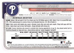 Philadelphia Phillies 2024 Bowman 8 Card Team Set made by Topps Featuring Bryce Harper and Trea Turner with a Johan Rojas Rookie Card and Top Prospects