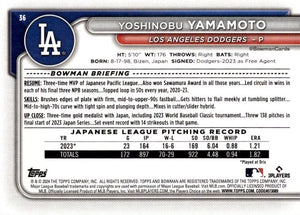 Los Angeles Dodgers 2024 Bowman Series 9 Card Team Set made by Topps Featuring Shohei Ohtan, Freddie Freeman, Mookie Betts, Yoshinobu Yamamoto Rookie Card and Prospect Cards