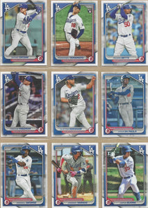 Los Angeles Dodgers 2024 Bowman Series 9 Card Team Set made by Topps Featuring Shohei Ohtan, Freddie Freeman, Mookie Betts, Yoshinobu Yamamoto Rookie Card and Prospect Cards