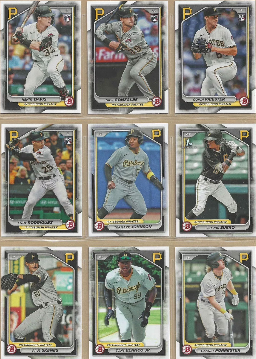 Pittsburgh Pirates 2024 Bowman Complete Mint 9 Card Team Set Featuring 4 Rookie Cards Plus 5 Top Prospects including Paul Skenes