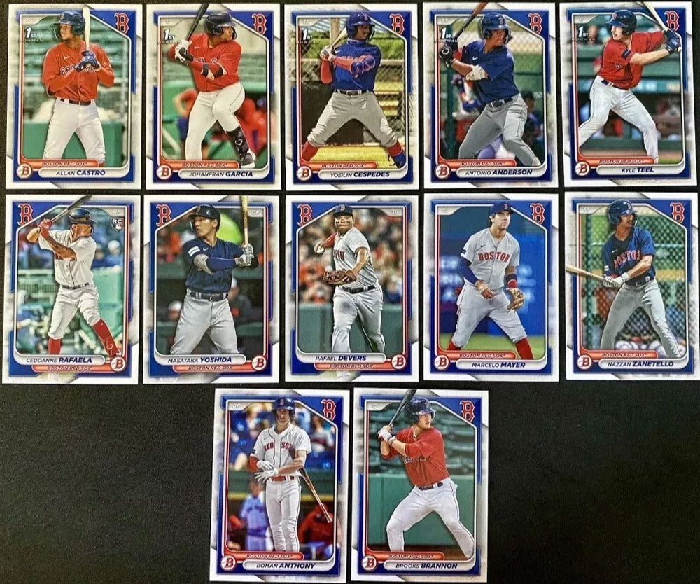 Boston Red Sox 2024 Bowman Series 12 Card Team Set made by Topps with Rafael Devers, Masataka Yoshida, a Rookie Card of Ceddanne Rafaela and 9 Top Prospect Cards