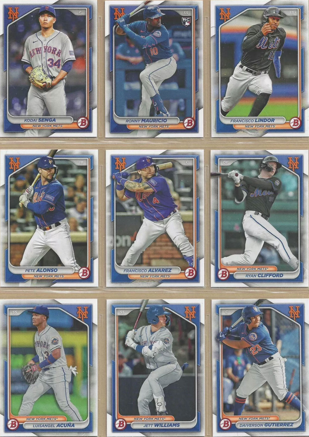 New York Mets 2024 Bowman 11 Card Team Set Made by Topps with Pete Alonso and Francisco Lindor plus a Ronny Mauricio Rookie Card and Prospect Cards of Luisangel Acuna and Others