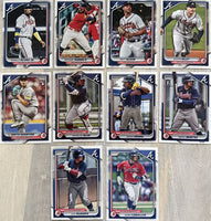 Atlanta Braves 2024 Bowman Complete Mint 10 Card Team Set made by Topps with Stars Austin Riley, Matt Olson, and Ronald Acuna Jr., Plus AJ Smith-Shawver Rookie and 5 Top Prospect Cards
