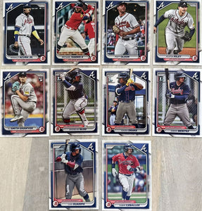 Atlanta Braves 2024 Bowman Complete Mint 10 Card Team Set made by Topps with Stars Austin Riley, Matt Olson, and Ronald Acuna Jr., Plus AJ Smith-Shawver Rookie and 5 Top Prospect Cards