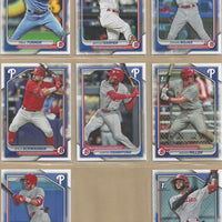 Philadelphia Phillies 2024 Bowman 8 Card Team Set made by Topps Featuring Bryce Harper and Trea Turner with a Johan Rojas Rookie Card and Top Prospects