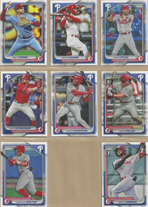 Philadelphia Phillies 2024 Bowman 8 Card Team Set made by Topps Featuring Bryce Harper and Trea Turner with a Johan Rojas Rookie Card and Top Prospects