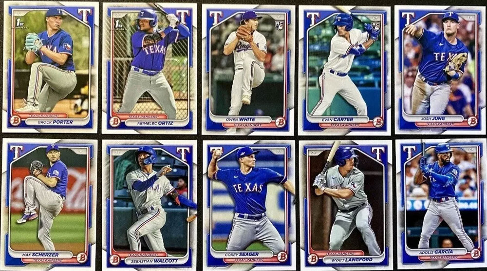 Texas Rangers 2024 Bowman Complete Mint 10 Card Team Set Featuring Rookie Cards of Owen White and Evan Carter Plus Corey Seager, Adolis Garcia and Others