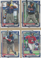 Atlanta Braves 2024 Bowman Complete Mint 10 Card Team Set made by Topps with Stars Austin Riley, Matt Olson, and Ronald Acuna Jr., Plus AJ Smith-Shawver Rookie and 5 Top Prospect Cards
