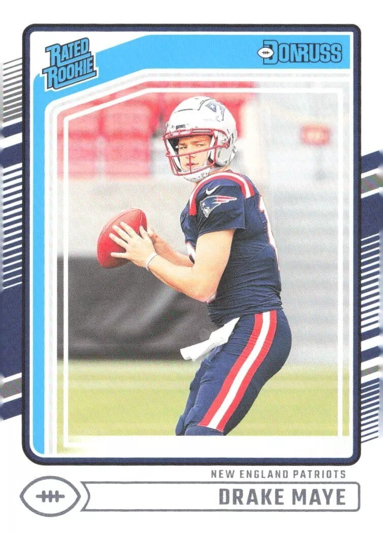 Drake Maye 2024 Donruss Rated Rookie Mint Rookie Card #379 Picturing him in his Blue New England Patriots Jersey