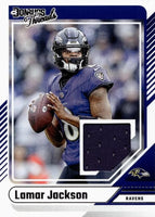 Lamar Jackson 2024 Panini Donruss Threads Series Mint Insert Card #DTH-LJA Featuring an Authentic Purple Jersey Swatch
