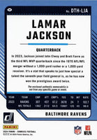 Lamar Jackson 2024 Panini Donruss Threads Series Mint Insert Card #DTH-LJA Featuring an Authentic Purple Jersey Swatch
