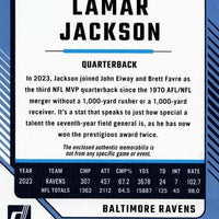 Lamar Jackson 2024 Panini Donruss Threads Series Mint Insert Card #DTH-LJA Featuring an Authentic Purple Jersey Swatch