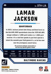 Lamar Jackson 2024 Panini Donruss Threads Series Mint Insert Card #DTH-LJA Featuring an Authentic Purple Jersey Swatch